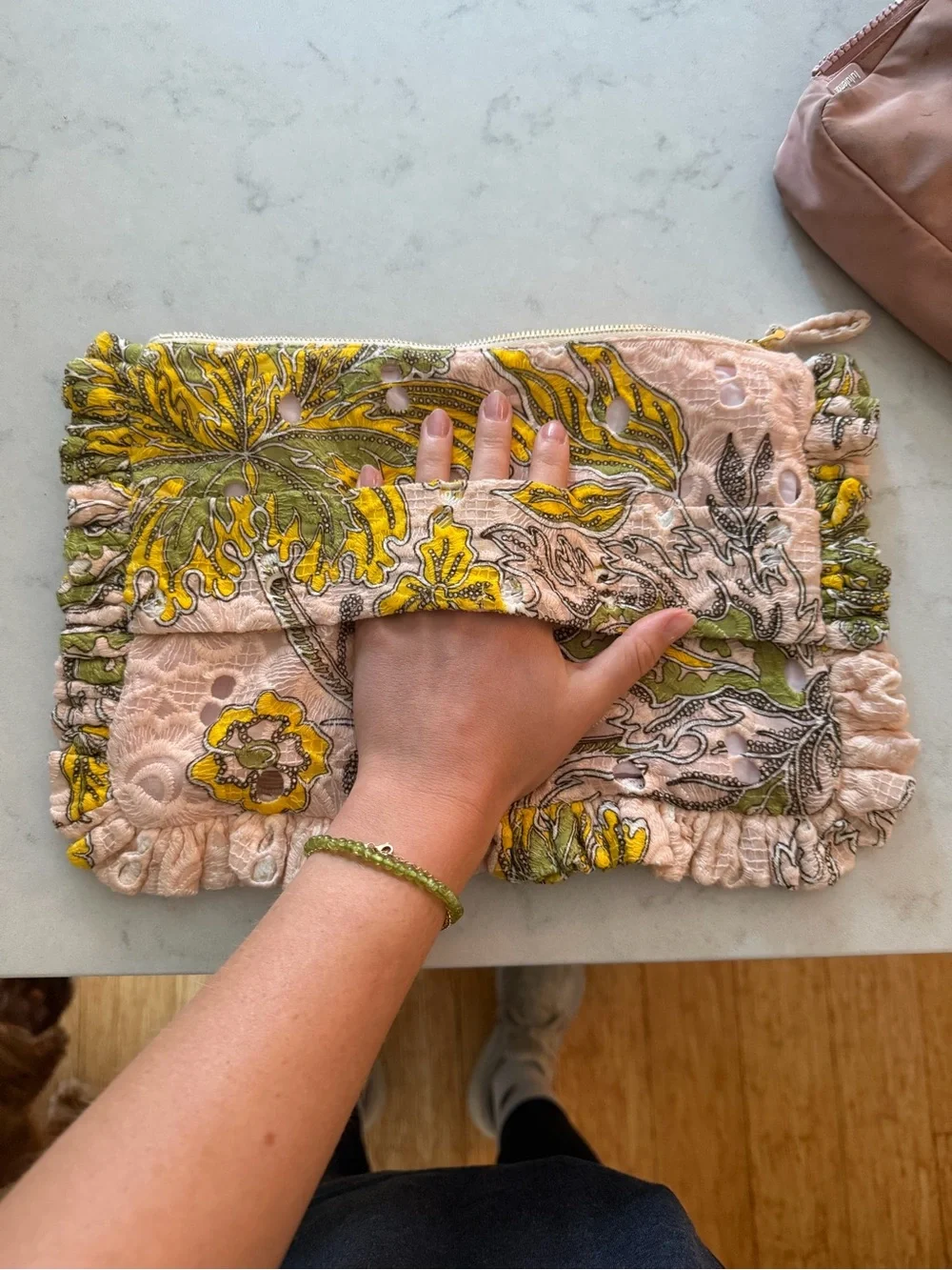 LA DoubleJ Pink and Yellow Floral Ruffle Clutch